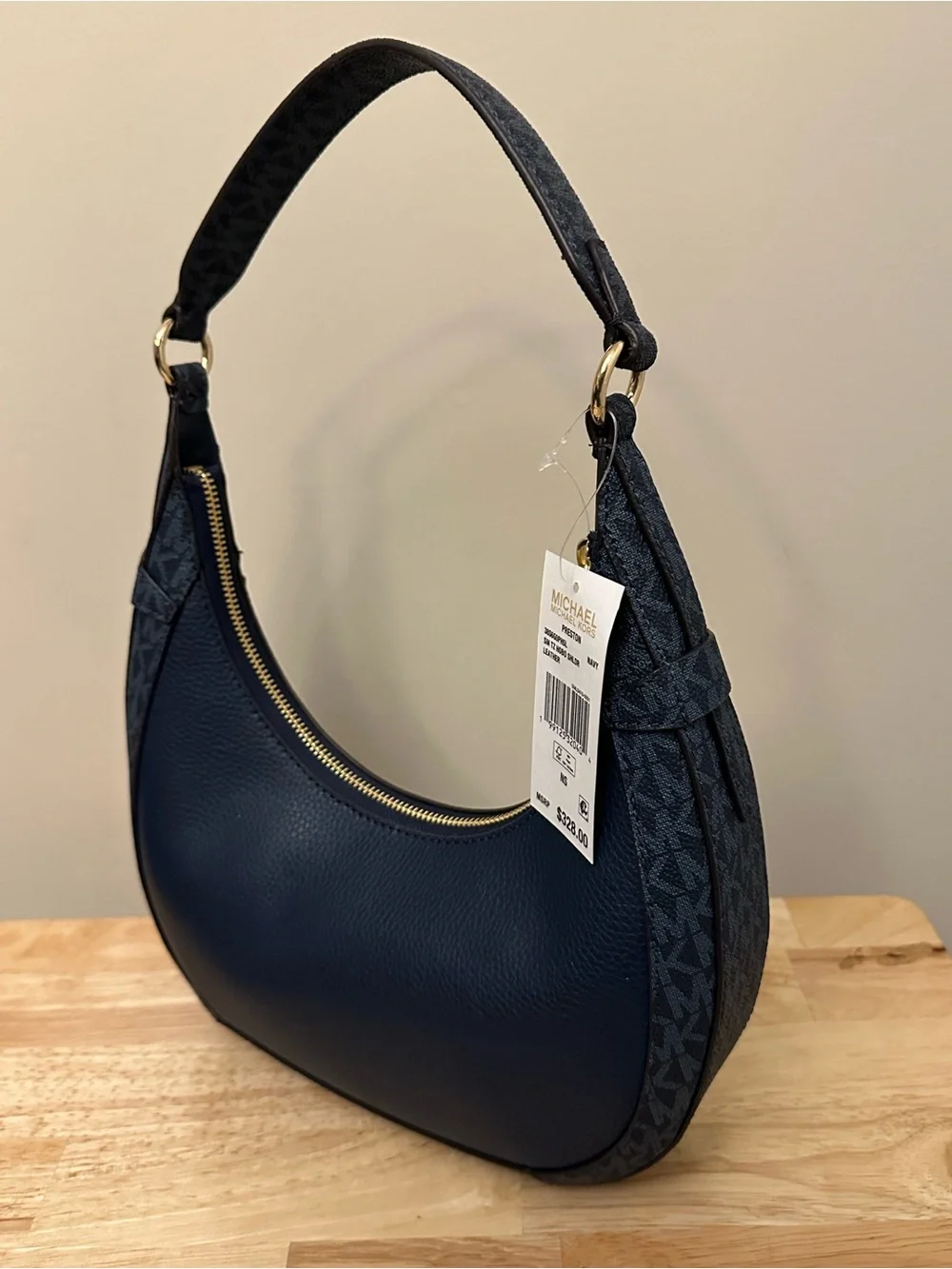 Michael Kors Navy Pebbled Leather Hobo with Gold-Tone Accents